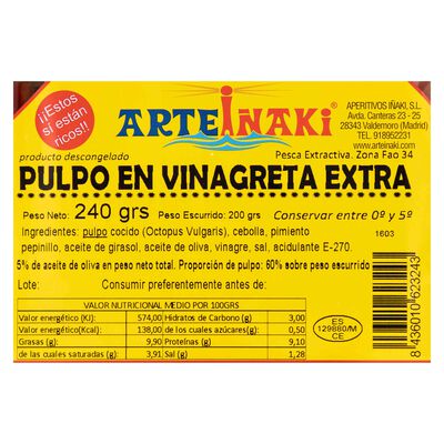 Pulpo a la vinagreta Artei&ntilde;aki 240g