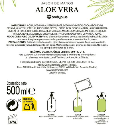 Jab&oacute;n de manos doypack Bodyplus 500ml aloe vera