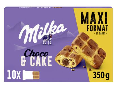 Bizcocho relleno de crema y pepitas de chocolate Milka 350g