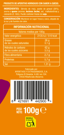 Snack de ma&iacute;z rollitos Alipende 100g sabor queso