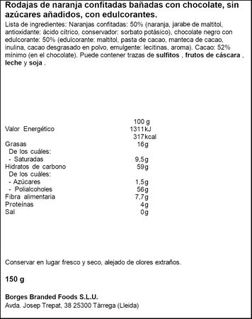 Turr&oacute;n con rodajas de naranja ba&ntilde;adas en chocolate sin az&uacute;cares a&ntilde;adidos Virginias 150g