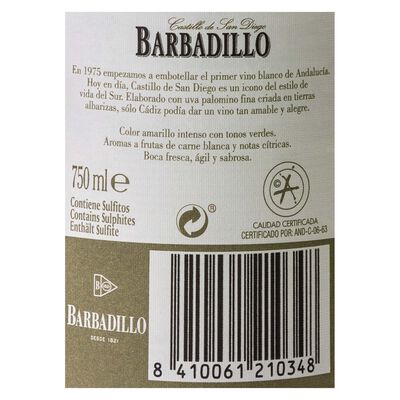 Vino blanco barbadillo castillo San Diego Palomino Fino C&aacute;diz