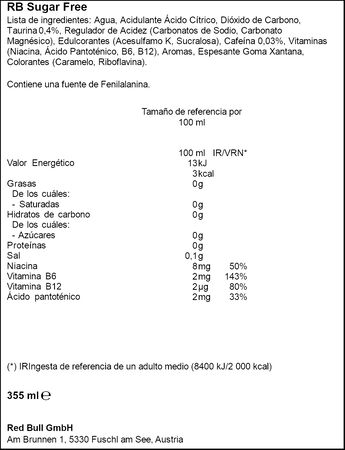Bebida Energ&eacute;tica Sin Az&uacute;car Red Bull 35,5cl