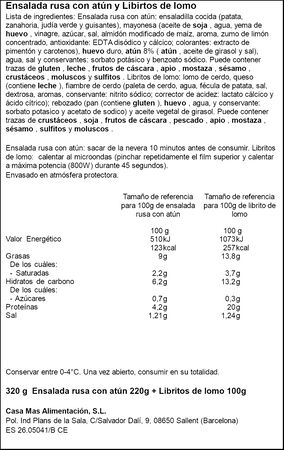Menu ensaladilla rusa con atún y librito de lomo Casa Mas 375g