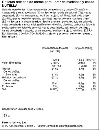 Galleta rellena con crema de avellanas Nutella Biscuits 193g