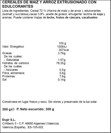 Cereales sin az&uacute;car a&ntilde;adido sin gluten chocozero Esgir 300g