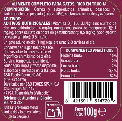 Comida h&uacute;meda gato Meque tarrina rico en trucha 100g