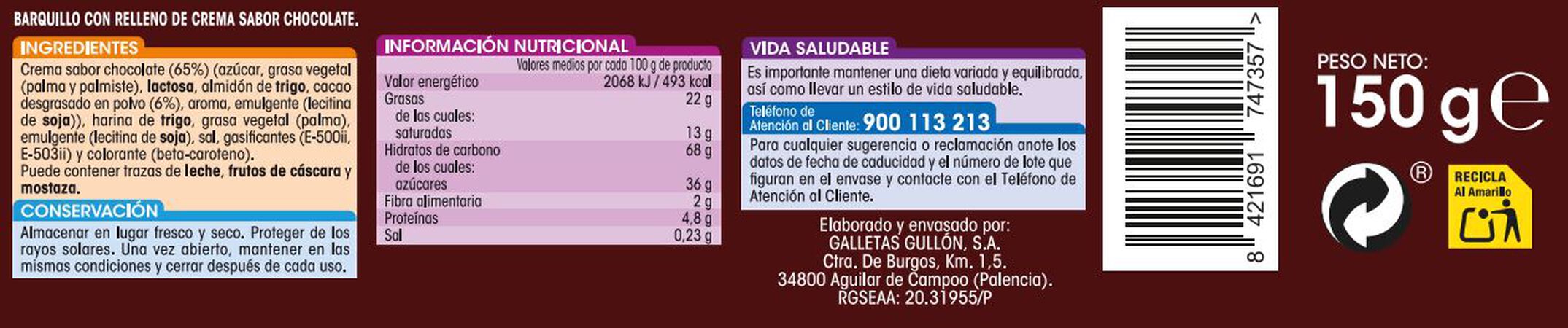 Barquillo Alipende 150g relleno de crema de chocolate