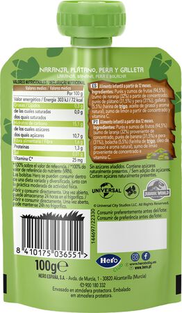 Pouch Hero naranja plátano pera y galleta 100g