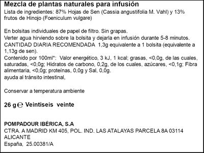 Infusión Pompadour 20u ultralax mix natural de sen con hinojo