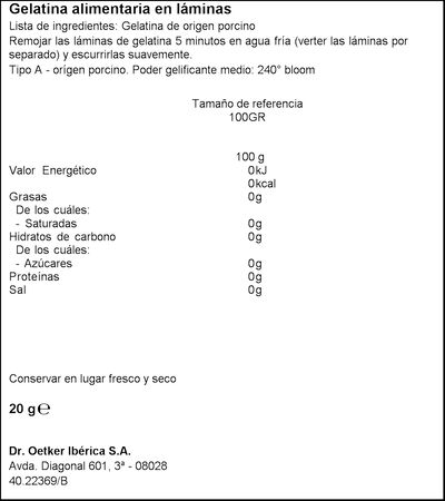 Gelatina laminada Dr Oetker 20g 12 unidades