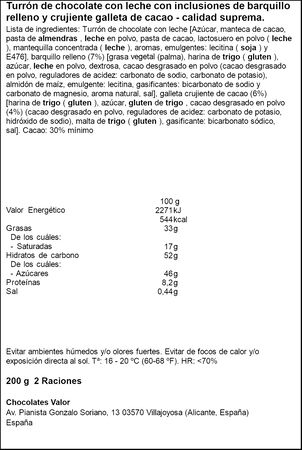 Turr&oacute;n de chocolate con leche Huesitos Valor 200g