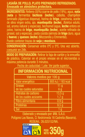 Lasa&ntilde;a con pollo Alipende 350g
