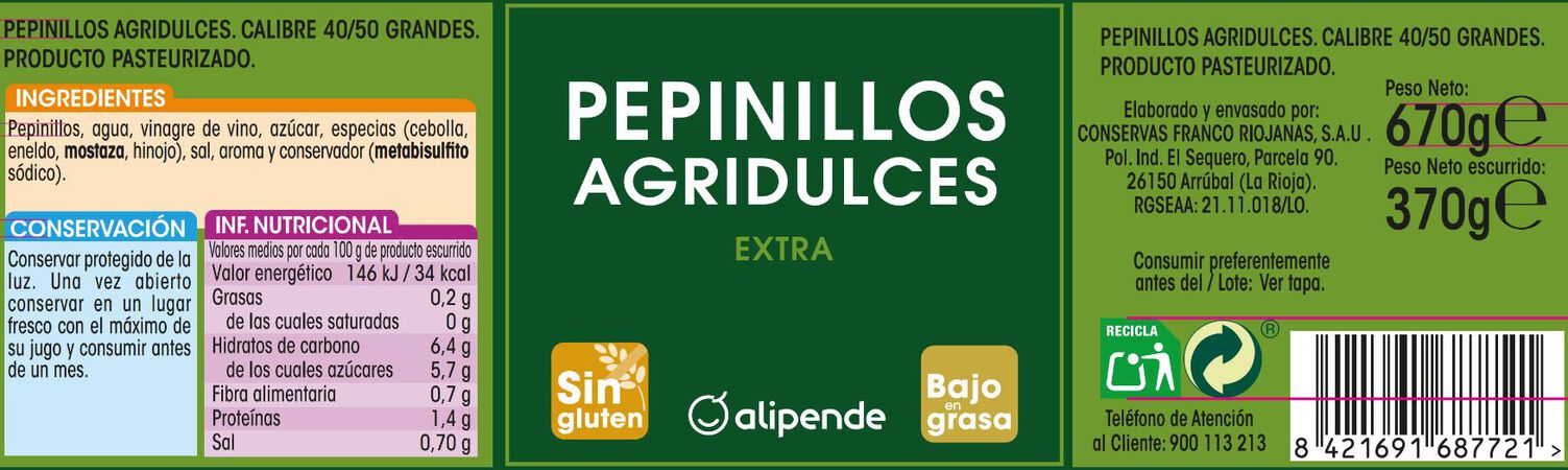 Pepinillos agridulce sin gluten Alipende 370g