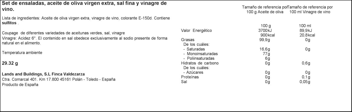 Aceite de oliva, vinagre y sal Valdezarza 5 monodosis 20 ml aceite de oliva virgen extra, 5 monodosis 10 ml vinagre de vino y 5 monodosis 1 gr sal. 