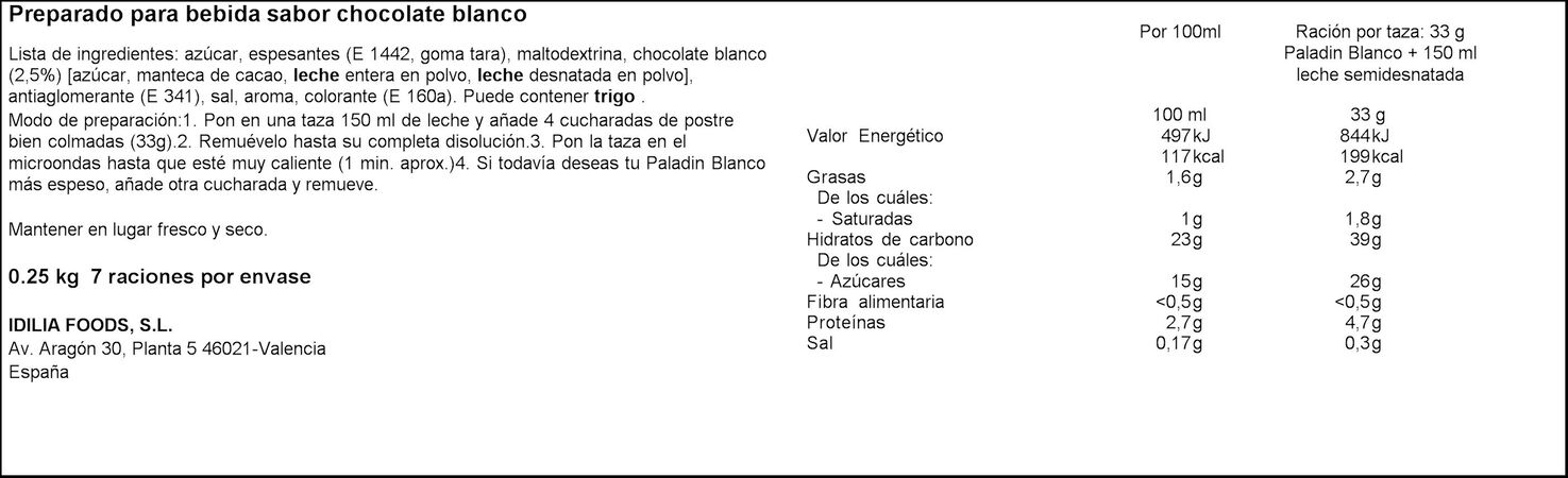Cacao Paladín 250g blanco