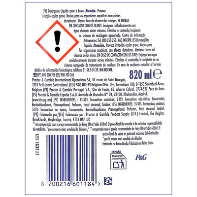 LAVAVAJILLAS FAIRY 820ML ULTRA PODER