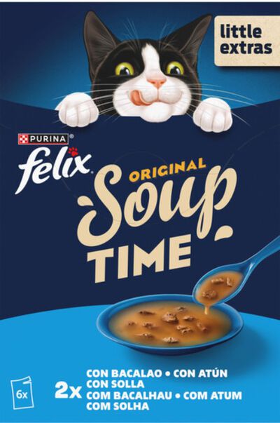 Alimento de gato soup con pescado con bacalao con at&uacute;n y con solla Felix 288g