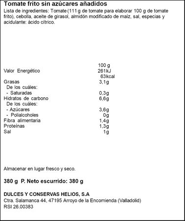 Tomate frito sin azúcar añadido ni edulcorantes Helios 380g