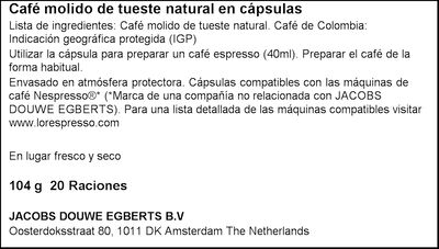 Caf&eacute; Colombia expresso intensidad 8 L&acute;or 20 c&aacute;psulas