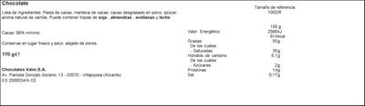 Chocolate negro sin gluten Valor 170g 99% de cacao