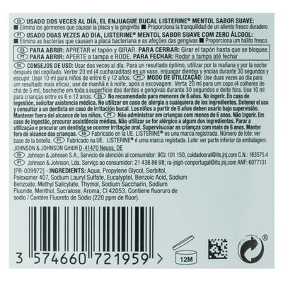 Enjuague bucal sin alcohol suave Listerine 500ml mentol