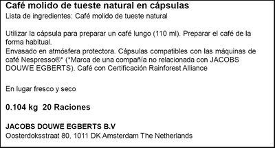 Café espresso lungo profondo intensidad 8 L´or 20 cápsulas