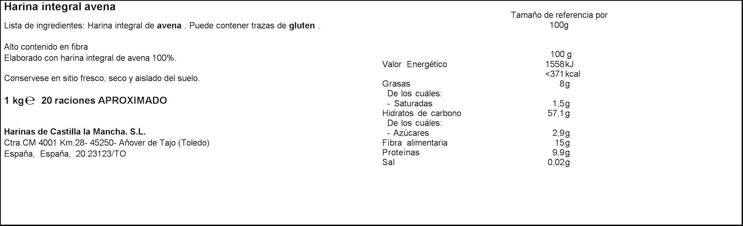 Harina de avena integral Haricaman 1kg