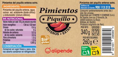 Pimientos de piquillo enteros sin gluten Alipende 260g