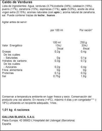 Caldo casero Gallina Blanca 1l verduras 100% natural