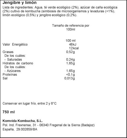 Kombucha Komvida 750ml jengibre y limón