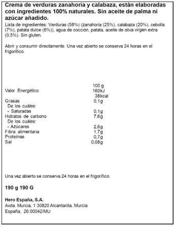 Alimento infantil crema de verduras zanahoria y calabaza para m&aacute;s de seis meses Hero 190 g