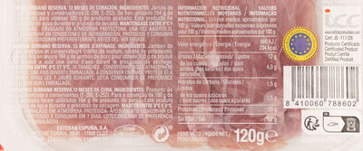 Jamon serrano RVA Espuña 120 gr lonchas.