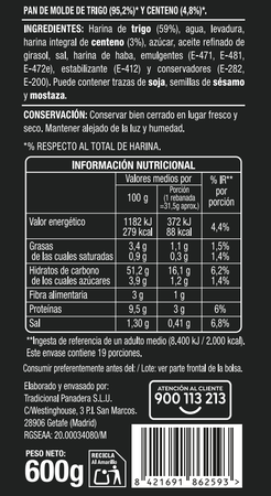 Pan de molde r&uacute;stico sin lactosa Alipende 600g