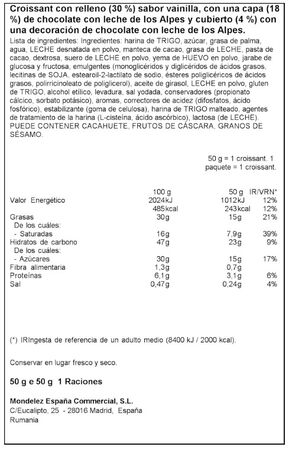 Croissant con sabor a chocolate y vainilla Milka 50g