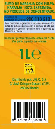 Zumo de naranja 100% exprimida con pulpa Alipende 1L