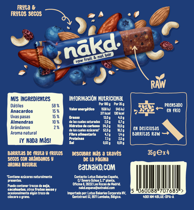 Barritas sin az&uacute;car a&ntilde;adido Nakd 4u blueberry muffin