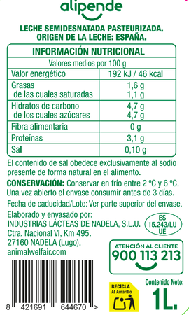 Leche Fresca Alipende Botella 1L Semidesnatada