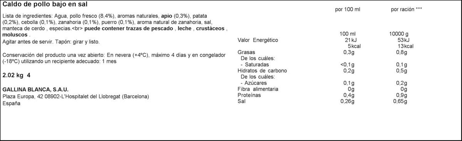 Caldo casero bajo en sal Gallina Blanca 1l pack-2 pollo 100% natural