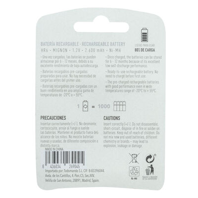 Pila recargable Tm AA 1,2V 2600mah 2 uds hasta 1000 ciclos