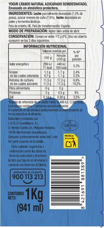 Yogur l&iacute;quido natural con ca&ntilde;a de az&uacute;car Alipende 1kg
