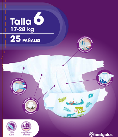Pañal Bodyplus 25 uds talla 6 17-28kg