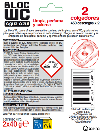 Bloc wc con acci&oacute;n continua de limpieza que limpia perfuma y colorea Lanta 2x40 g