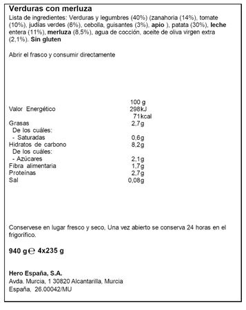 Alimentaci&oacute;n infantil Hero Solo verduras con merluza 4x235 g