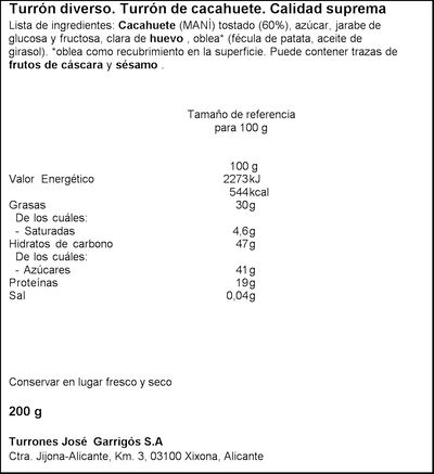 Turr&oacute;n de cacahuete (MAN&Iacute;) Castillo de Jijona 200g
