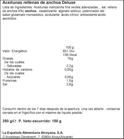 Aceituna verdes rellenas de anchoa del Cant&aacute;brico La Espa&ntilde;ola 150g