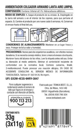 Ambientador colgador armario Lanta con aroma a aire limpio