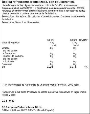 Refresco de cola sabor lim&oacute;n Coca Cola Zero 33cl