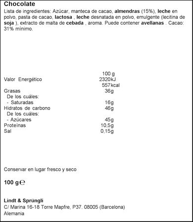 Chocolate con leche y almendras Lindt 100g