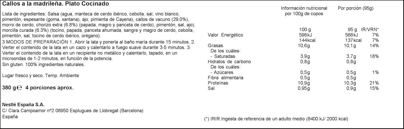Callos sin gluten Litoral 380g a la madrileña